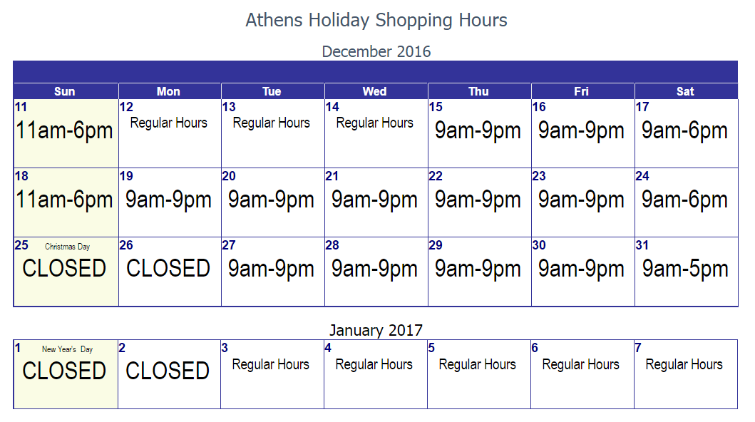 Athens Greece Holiday Shopping Hours 2016